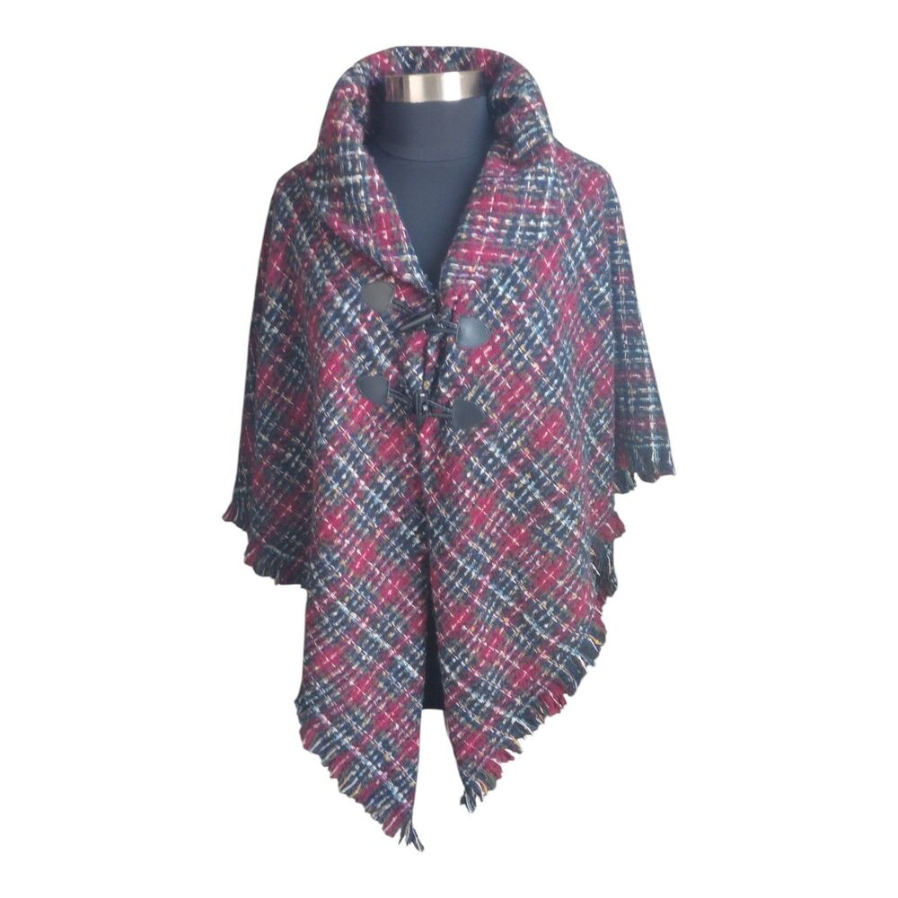 St. John's Bay Plaid Cape Poncho with Toggle Closure Red Black White One Size